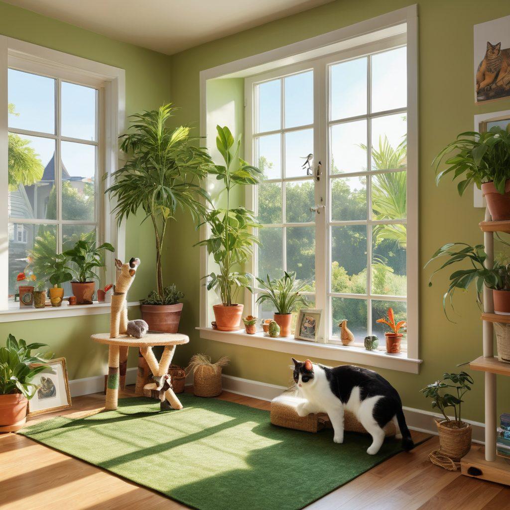 A cozy living room filled with various interactive cat toys and climbing structures, showcasing playful domestic cats engaging with their surroundings. A sunny window with a cat perched on the sill, watching birds outside, adds warmth to the scene. Lush green plants and colorful scratching posts enhance the environment, creating a lively atmosphere. super-realistic. vibrant colors. soft lighting.