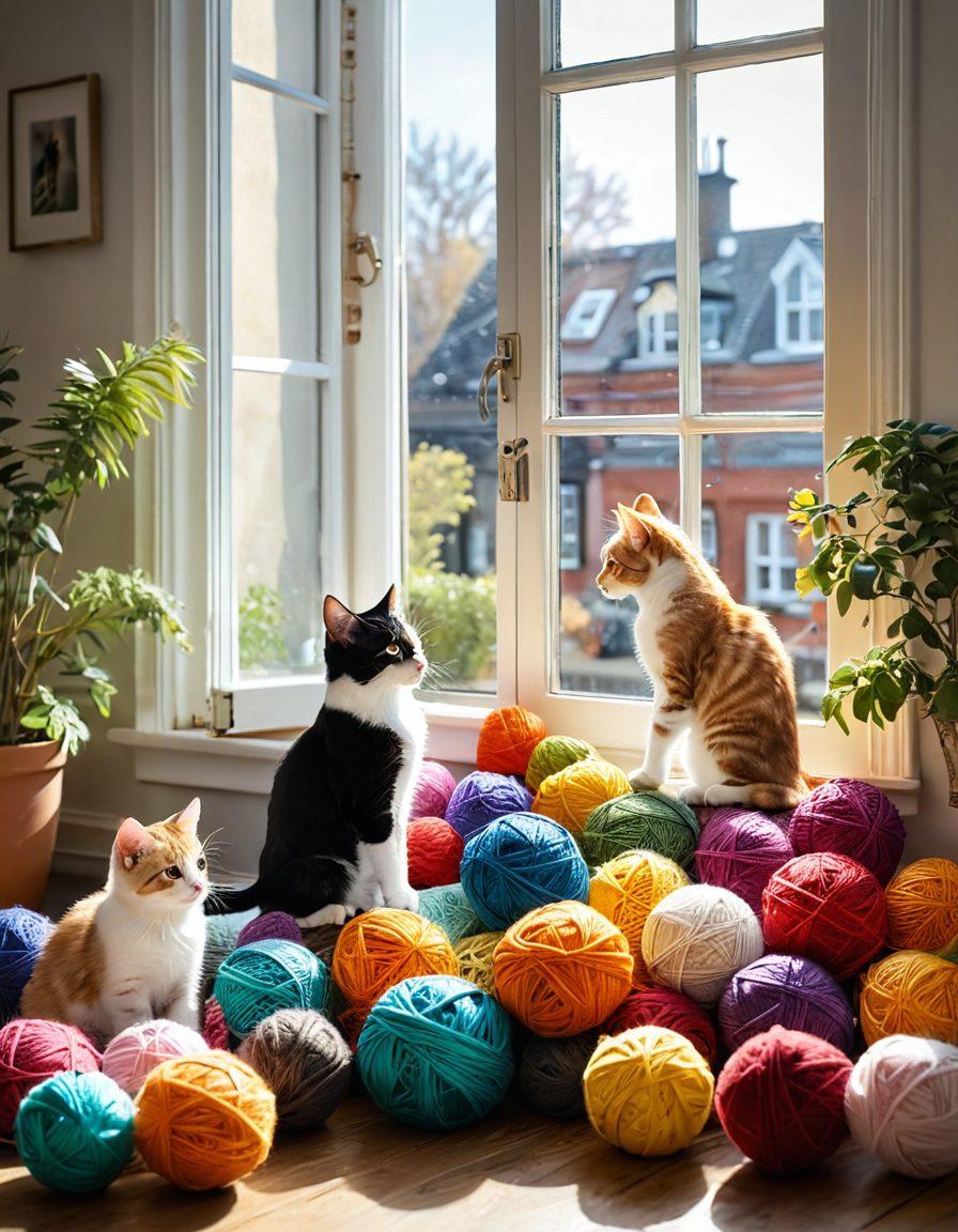 A cozy living room scene featuring playful kittens climbing over colorful yarn balls, surrounded by soft toys and scratching posts. A bright window lets in warm sunlight, creating a cheerful atmosphere. In the background, a loving owner watches fondly while a bowl of fresh food sits nearby. Illustrate with detailed fur textures and lively expressions, emphasizing joy and playfulness. vibrant colors. super-realistic.
