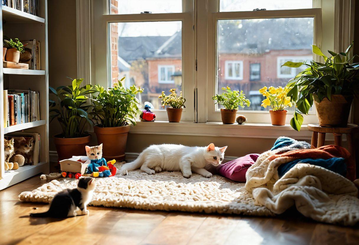 A cozy living room scene featuring playful kittens exploring their environment, surrounded by colorful toys and cozy blankets. A caring owner gently interacts with the kittens, providing food and a playful atmosphere. Soft sunlight filters through a window, casting warm shadows, and a few potted plants add freshness to the setting. The overall mood is inviting and heartwarming, showcasing the joys of kitten care. super-realistic. vibrant colors. warm tones.